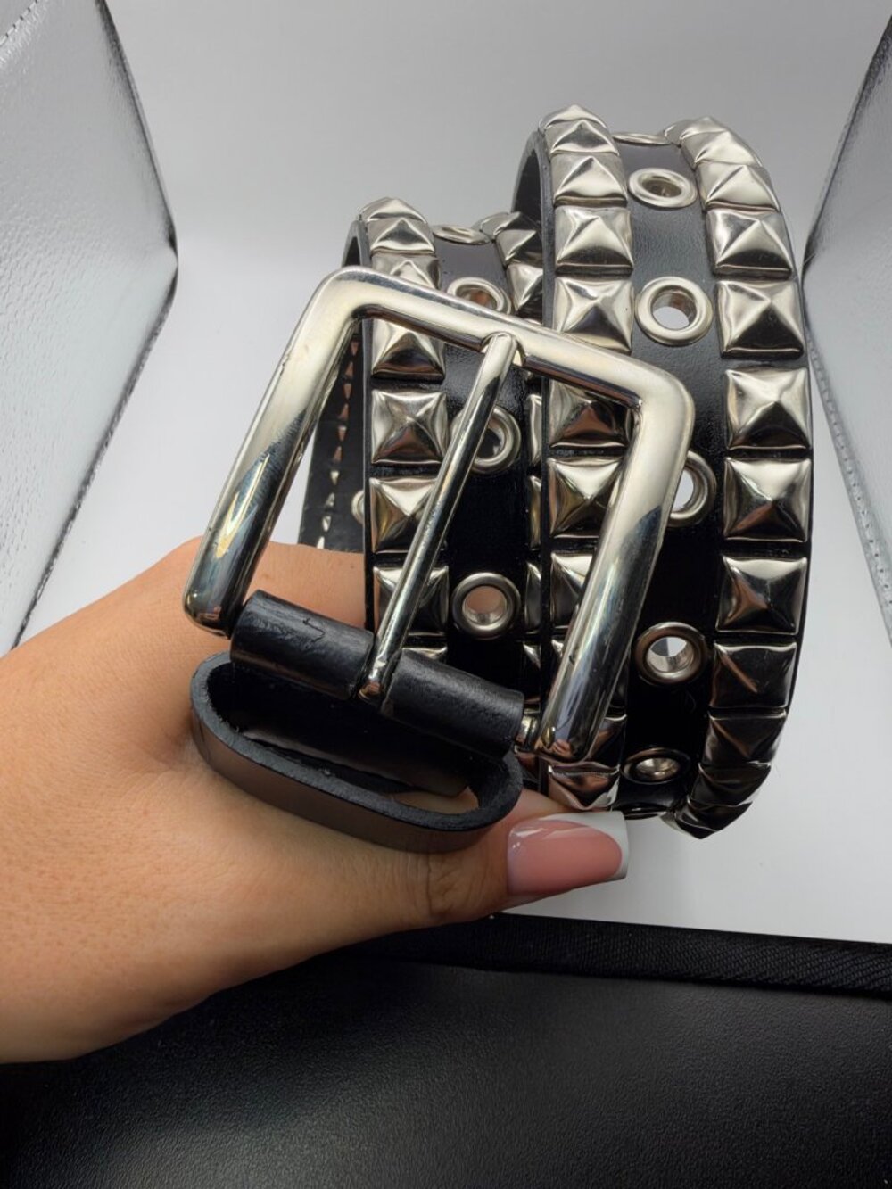 Black Leather Belt Double Row Pyramid Studs Grommets Latigo Size 32